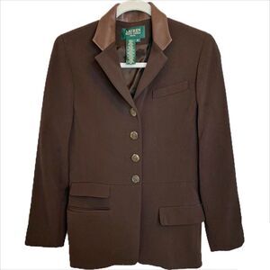 Lauren Ralph Lauren Brown Wool Blazer Leather Collar Equestrian Knit Jacket 8P